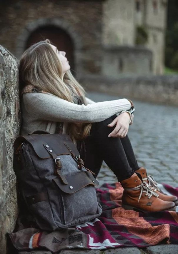 Vintage-Rolltop-Rucksack aus Canvas-Leder für Männer und Frauen als perfekt Reise Begleiter